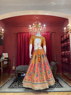 Mustard & Multi-Color Printed Silk Lehenga Set with Rani Pink Dupatta