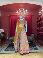 Multi-Color Geometric Patchwork Bridal Lehenga Set with Mustard Net Dupatta