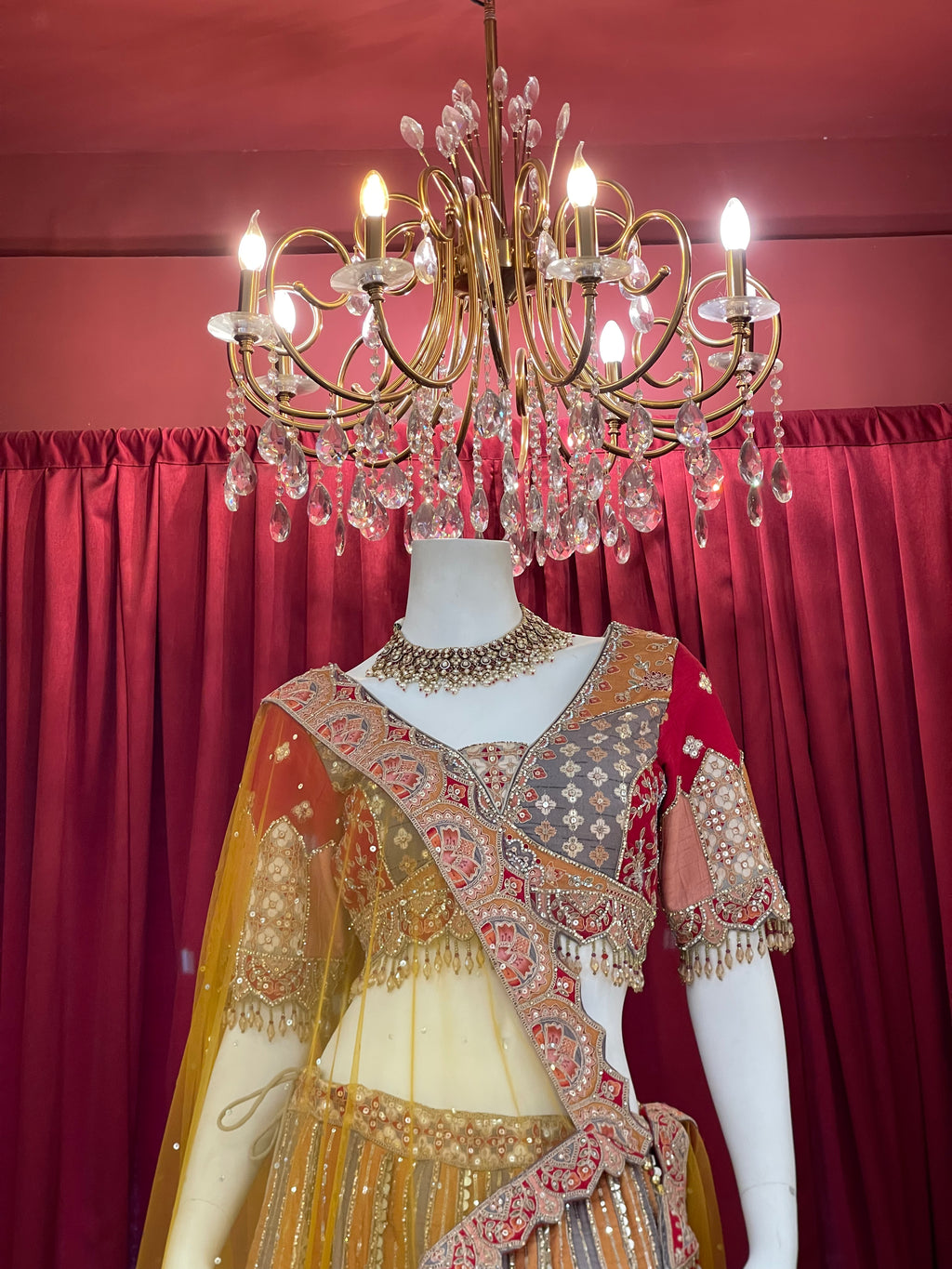 Multi-Color Geometric Patchwork Bridal Lehenga Set with Mustard Net Dupatta