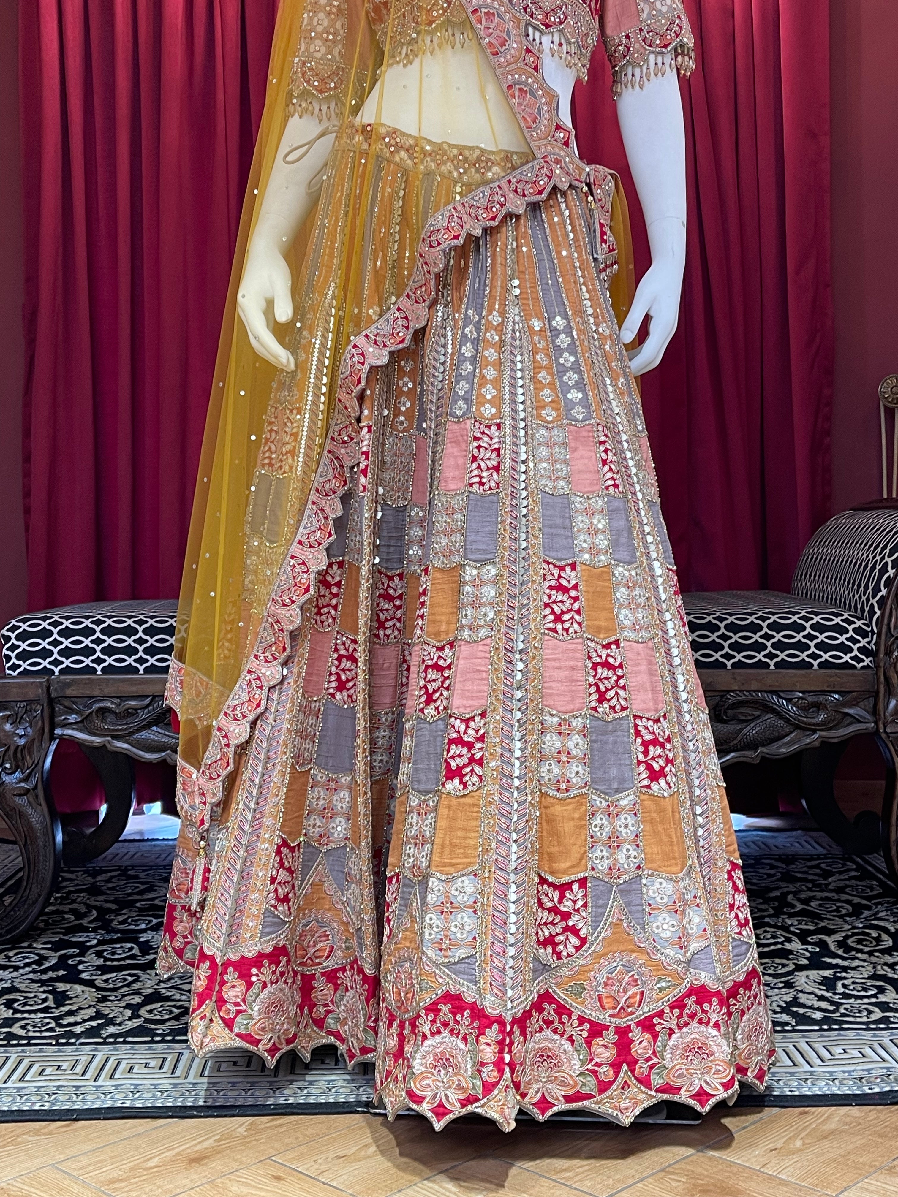 Multi-Color Geometric Patchwork Bridal Lehenga Set with Mustard Net Dupatta
