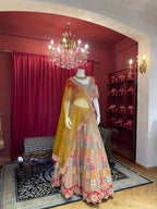 Multi-Color Geometric Patchwork Bridal Lehenga Set with Mustard Net Dupatta