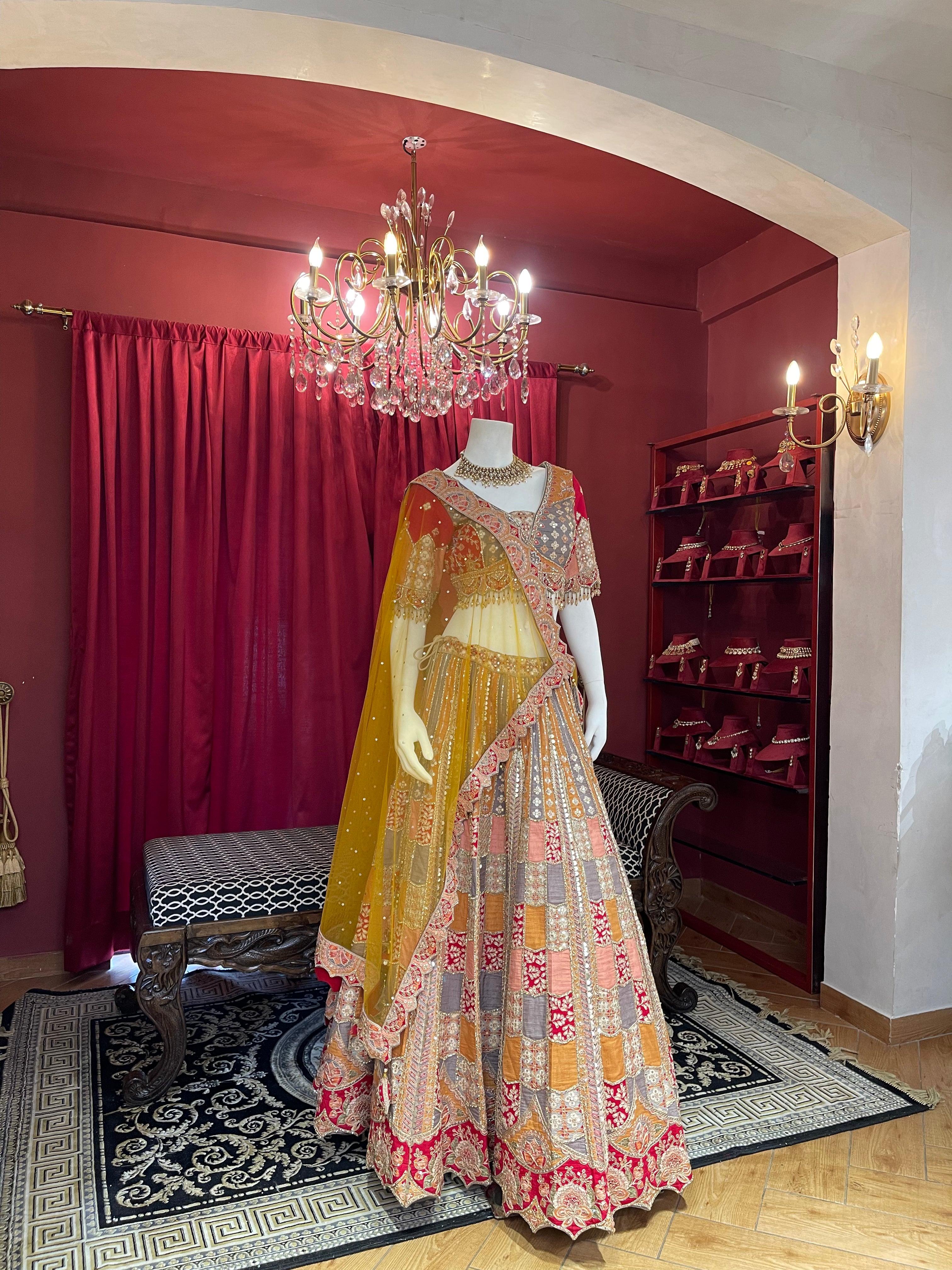 Multi-Color Geometric Patchwork Bridal Lehenga Set with Mustard Net Dupatta