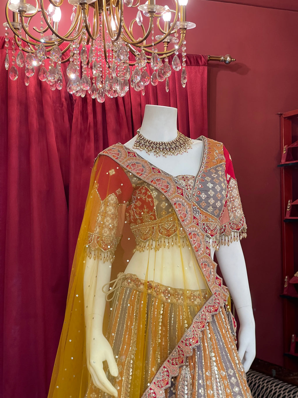 Multi-Color Geometric Patchwork Bridal Lehenga Set with Mustard Net Dupatta