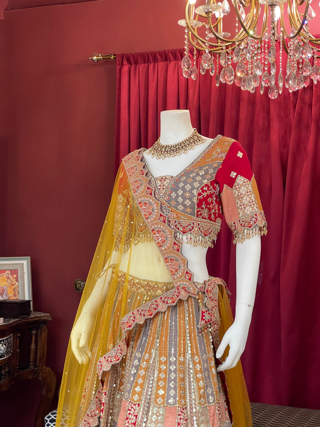 Multi-Color Geometric Patchwork Bridal Lehenga Set with Mustard Net Dupatta
