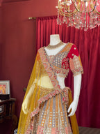 Multi-Color Geometric Patchwork Bridal Lehenga Set with Mustard Net Dupatta