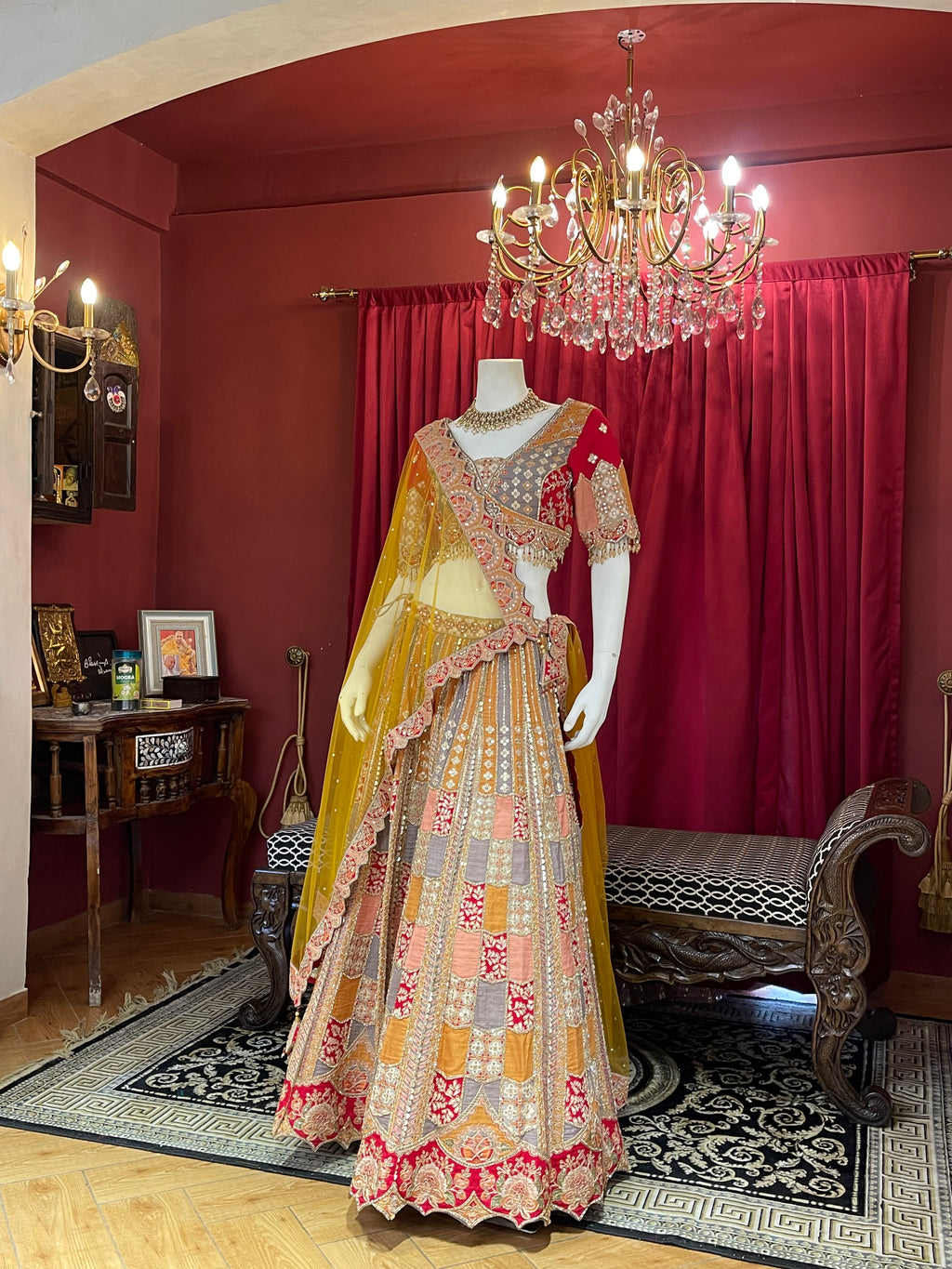 Multi-Color Geometric Patchwork Bridal Lehenga Set with Mustard Net Dupatta