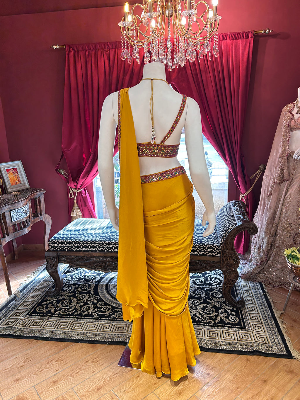 Mustard Draped Saree wih Colourful Blouse