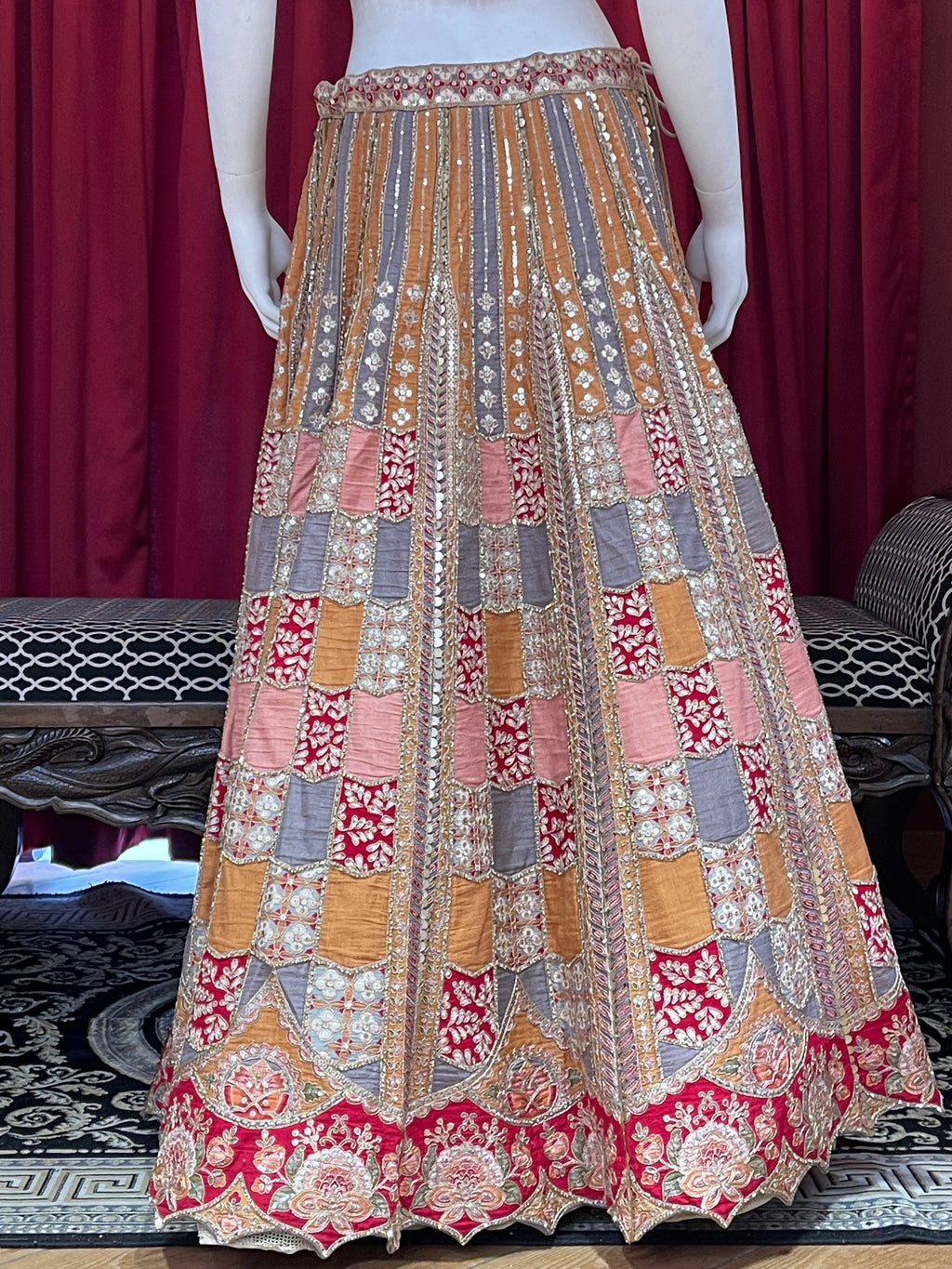 Multi-Color Geometric Patchwork Bridal Lehenga Set with Mustard Net Dupatta