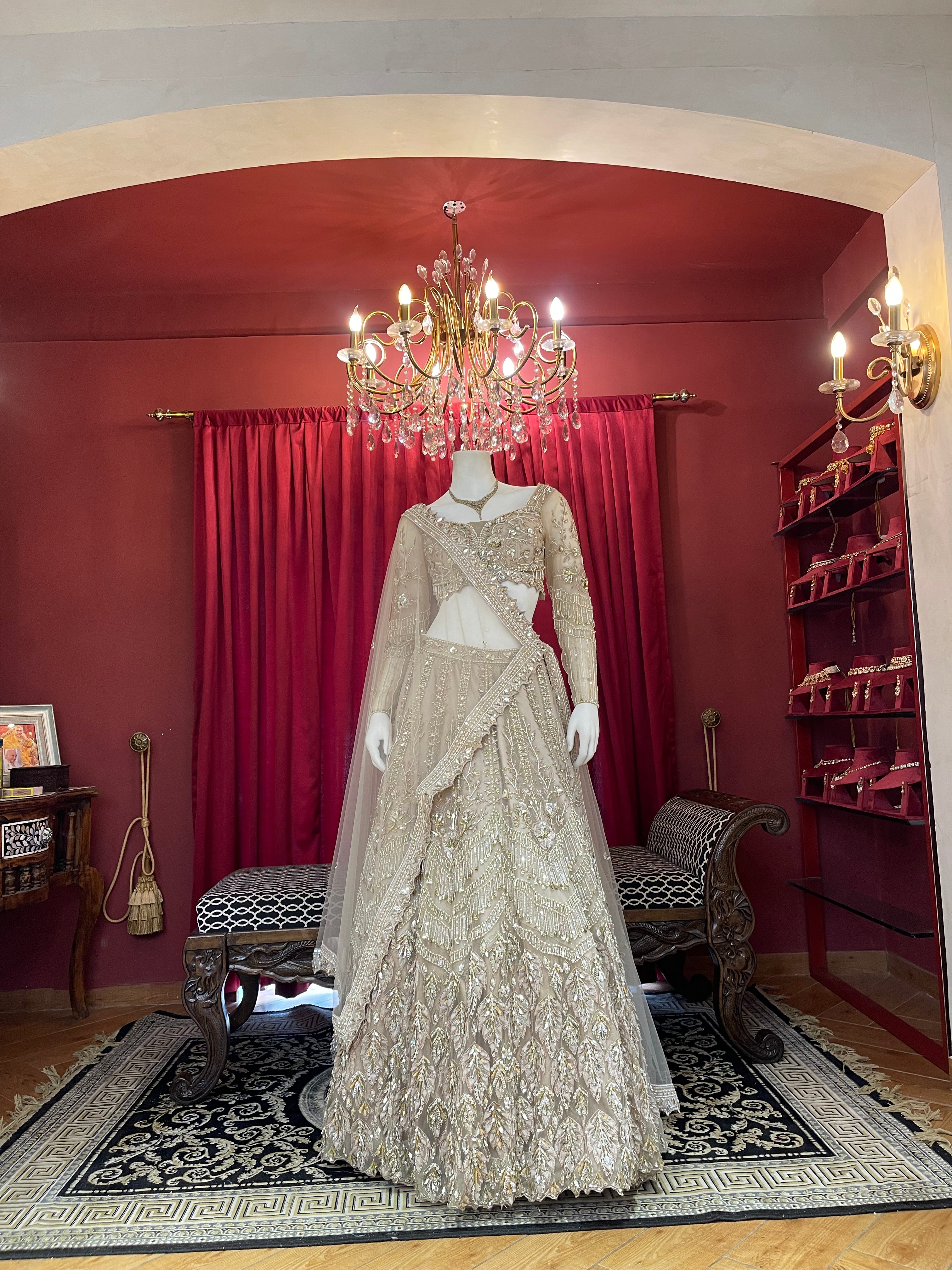 Beige & Gold Hand-Embroidered Crystal Lehenga Set