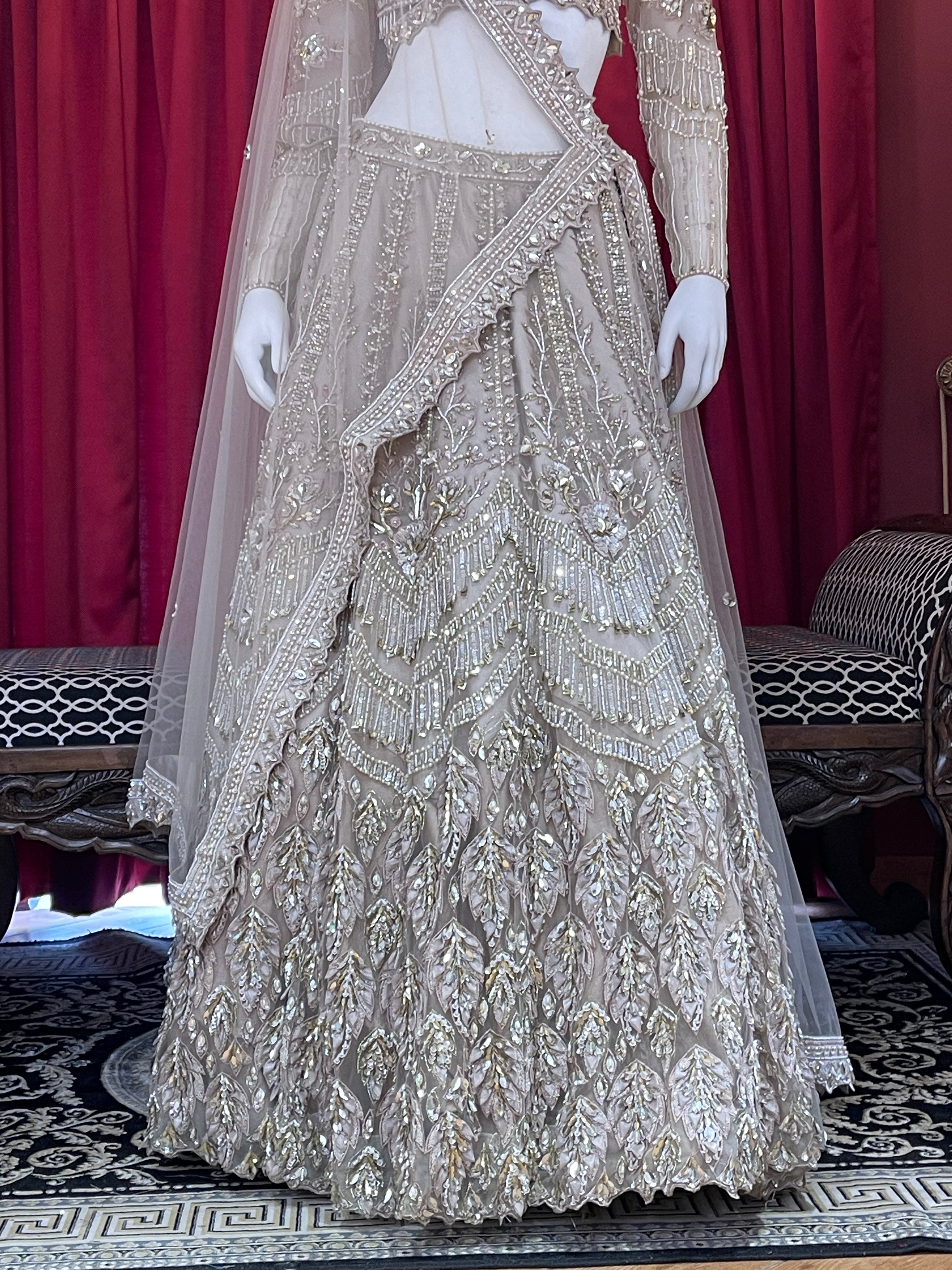 Beige & Gold Hand-Embroidered Crystal Lehenga Set