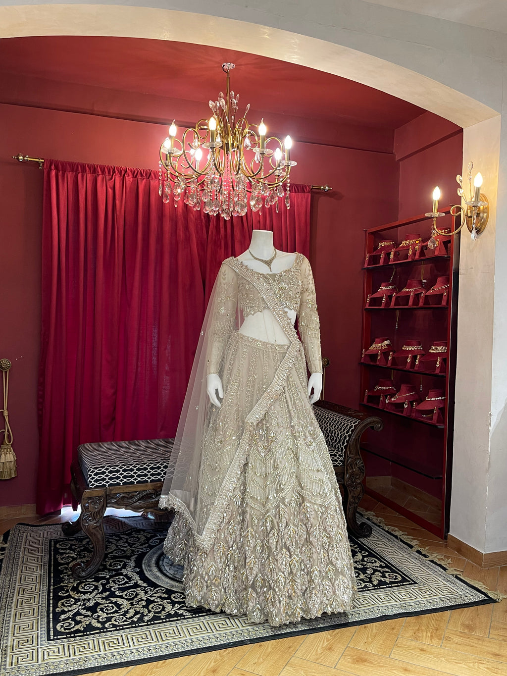 Beige & Gold Hand-Embroidered Crystal Lehenga Set