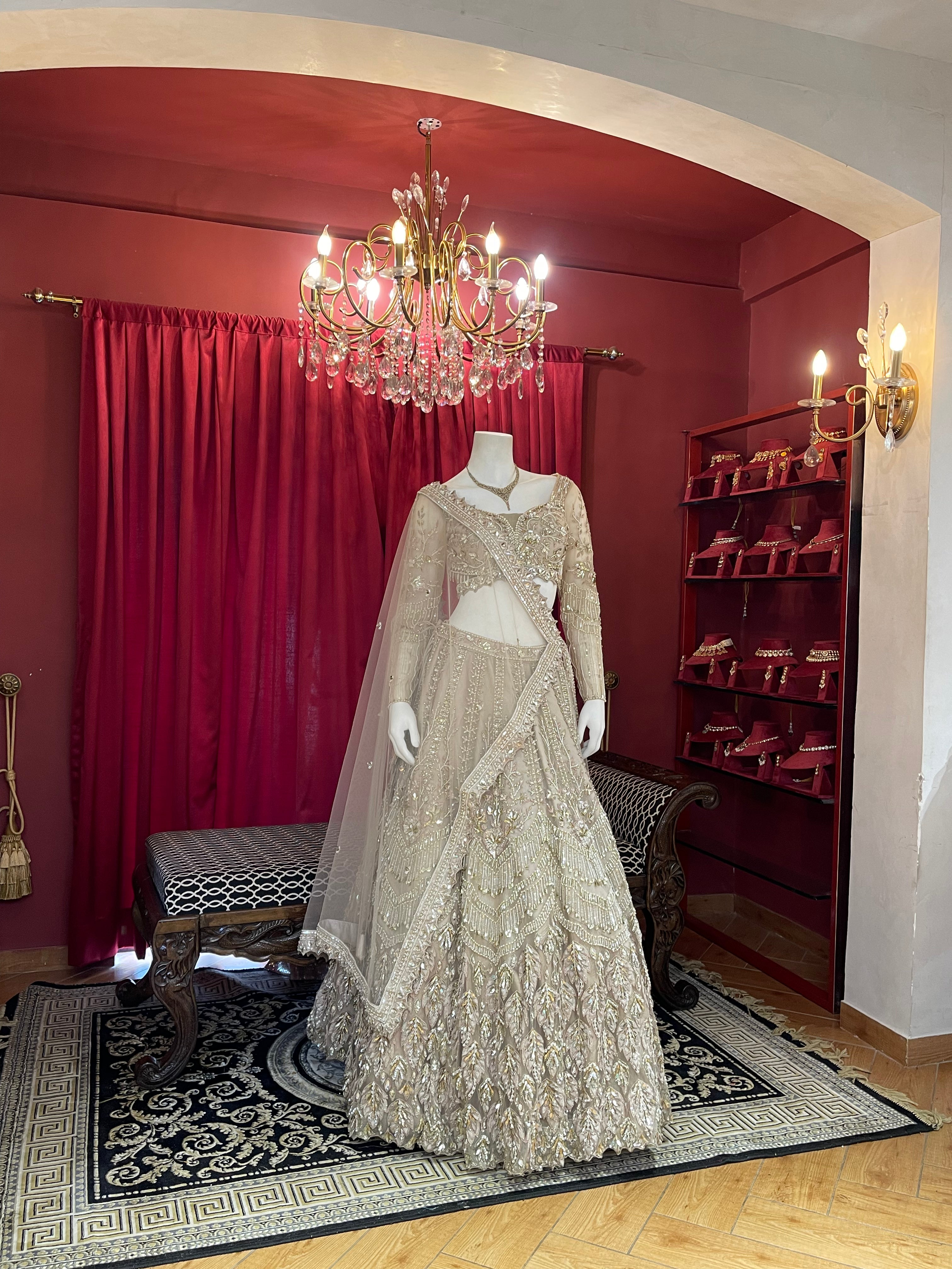 Beige & Gold Hand-Embroidered Crystal Lehenga Set
