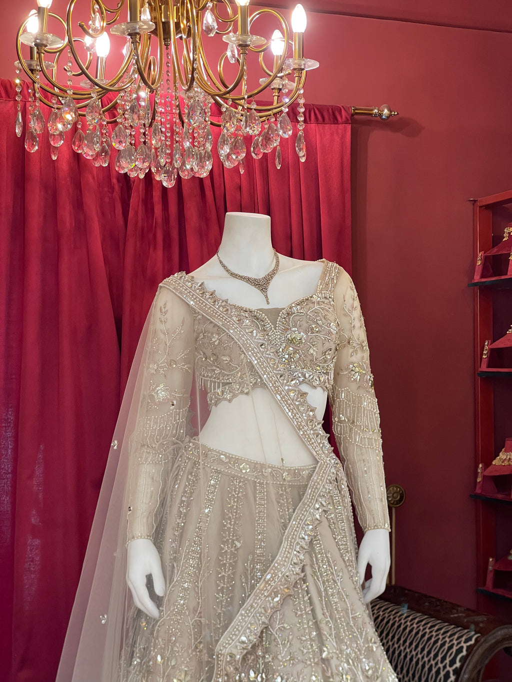 Beige & Gold Hand-Embroidered Crystal Lehenga Set