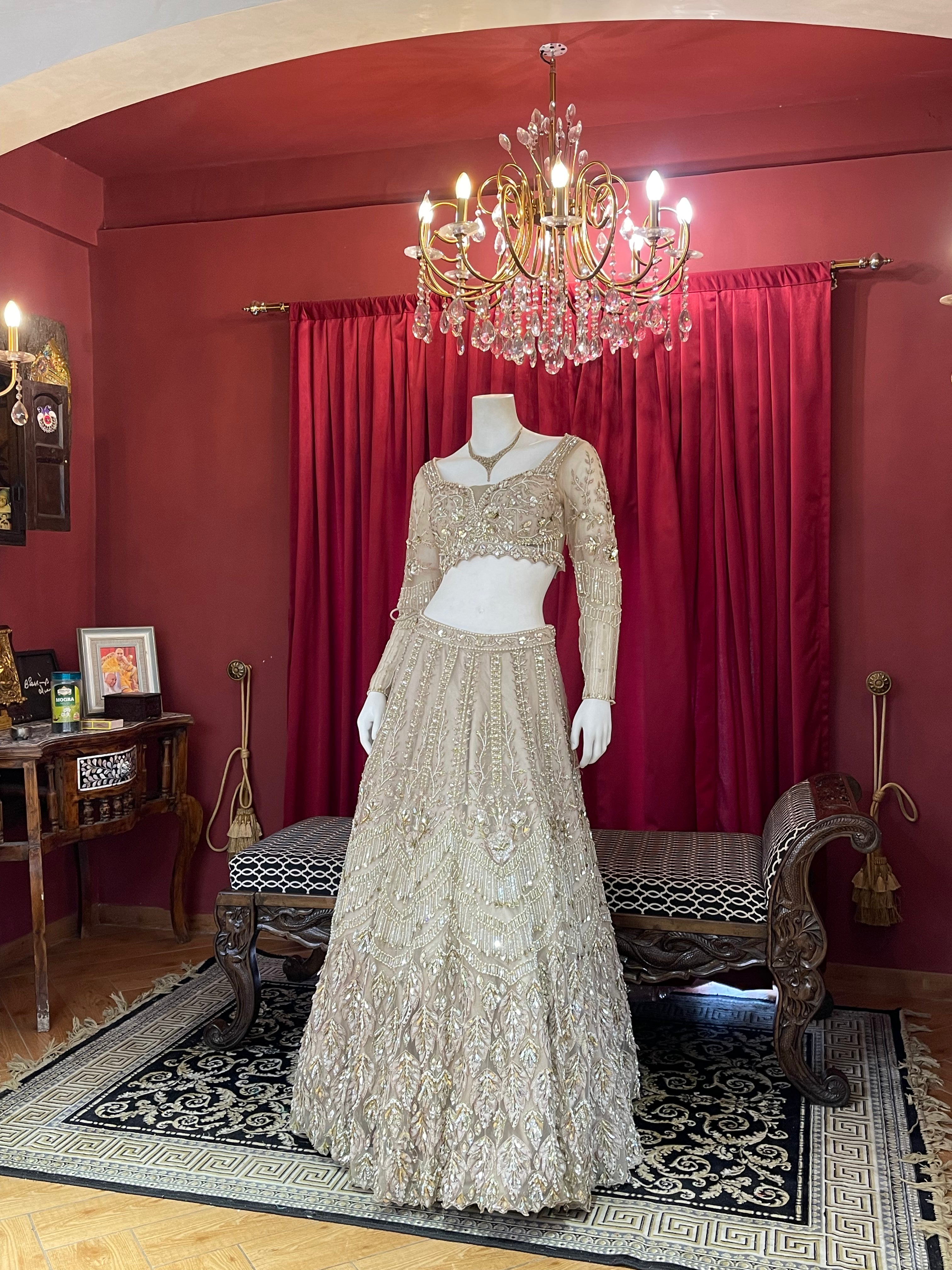 Beige & Gold Hand-Embroidered Crystal Lehenga Set