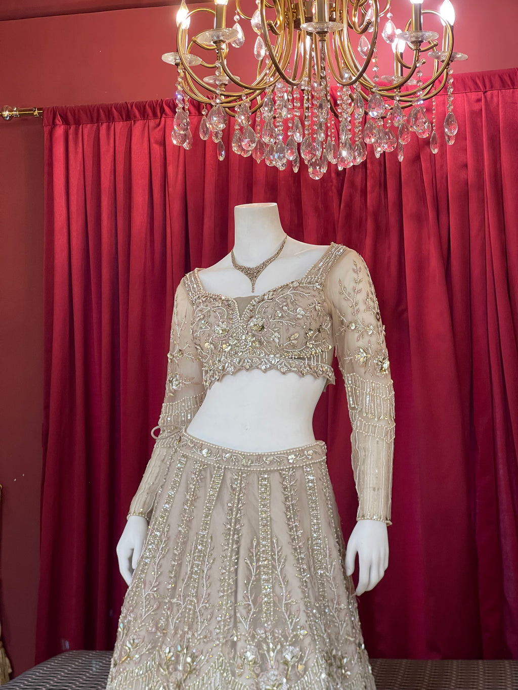 Beige & Gold Hand-Embroidered Crystal Lehenga Set