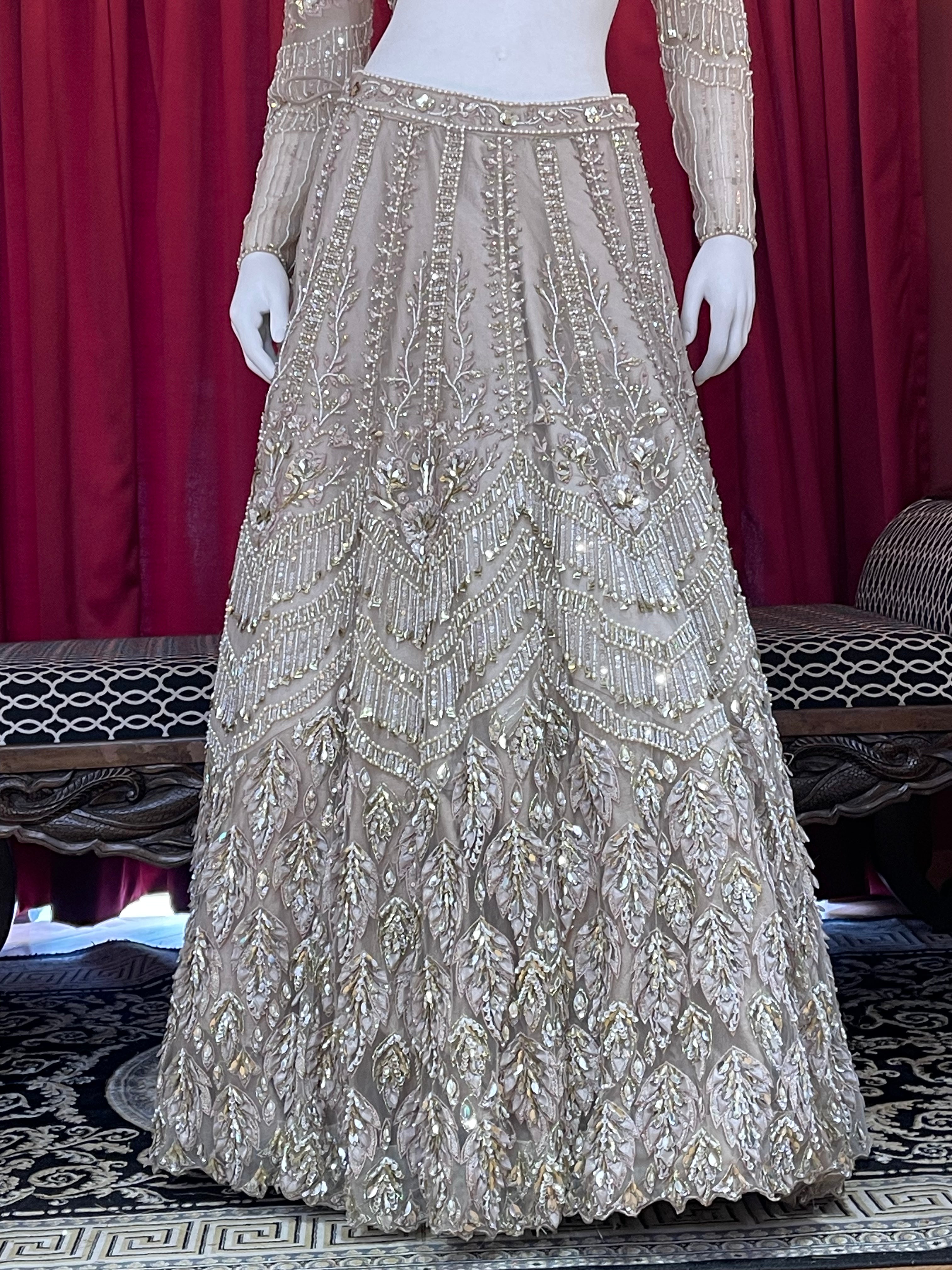 Beige & Gold Hand-Embroidered Crystal Lehenga Set