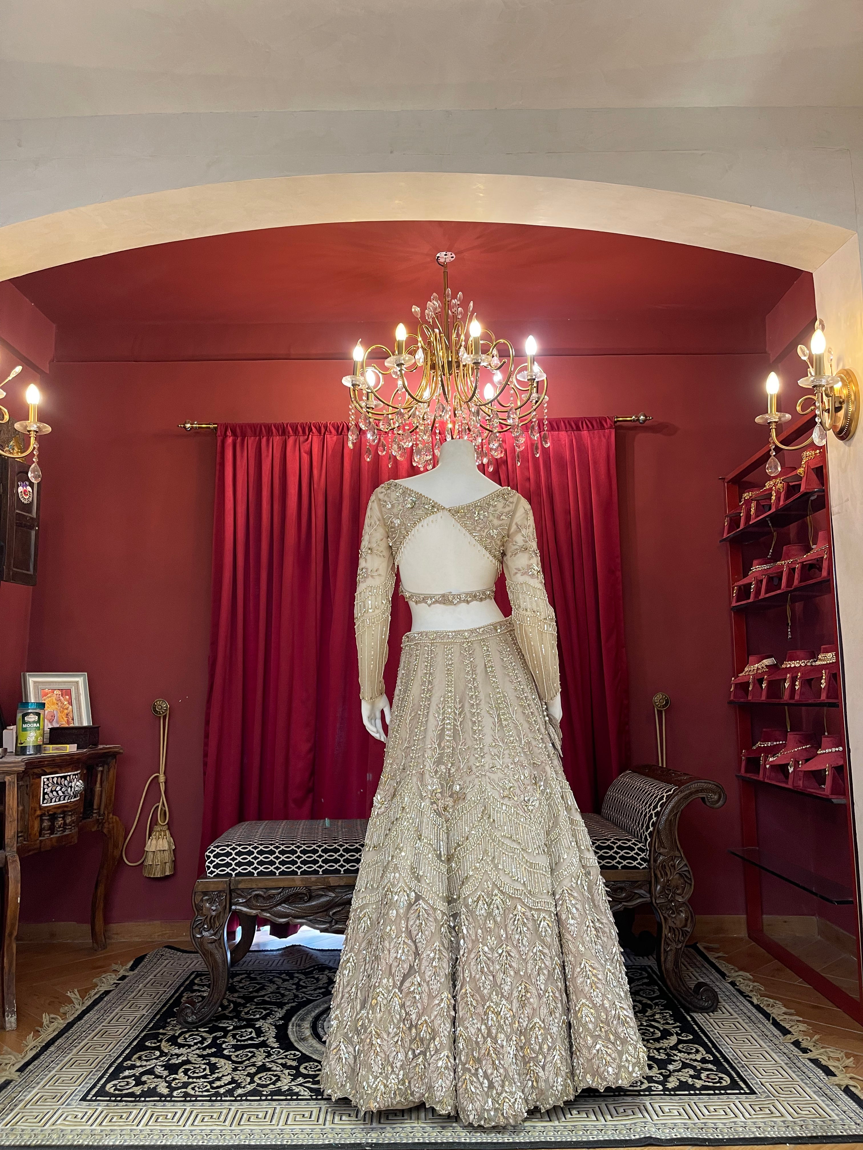 Beige & Gold Hand-Embroidered Crystal Lehenga Set
