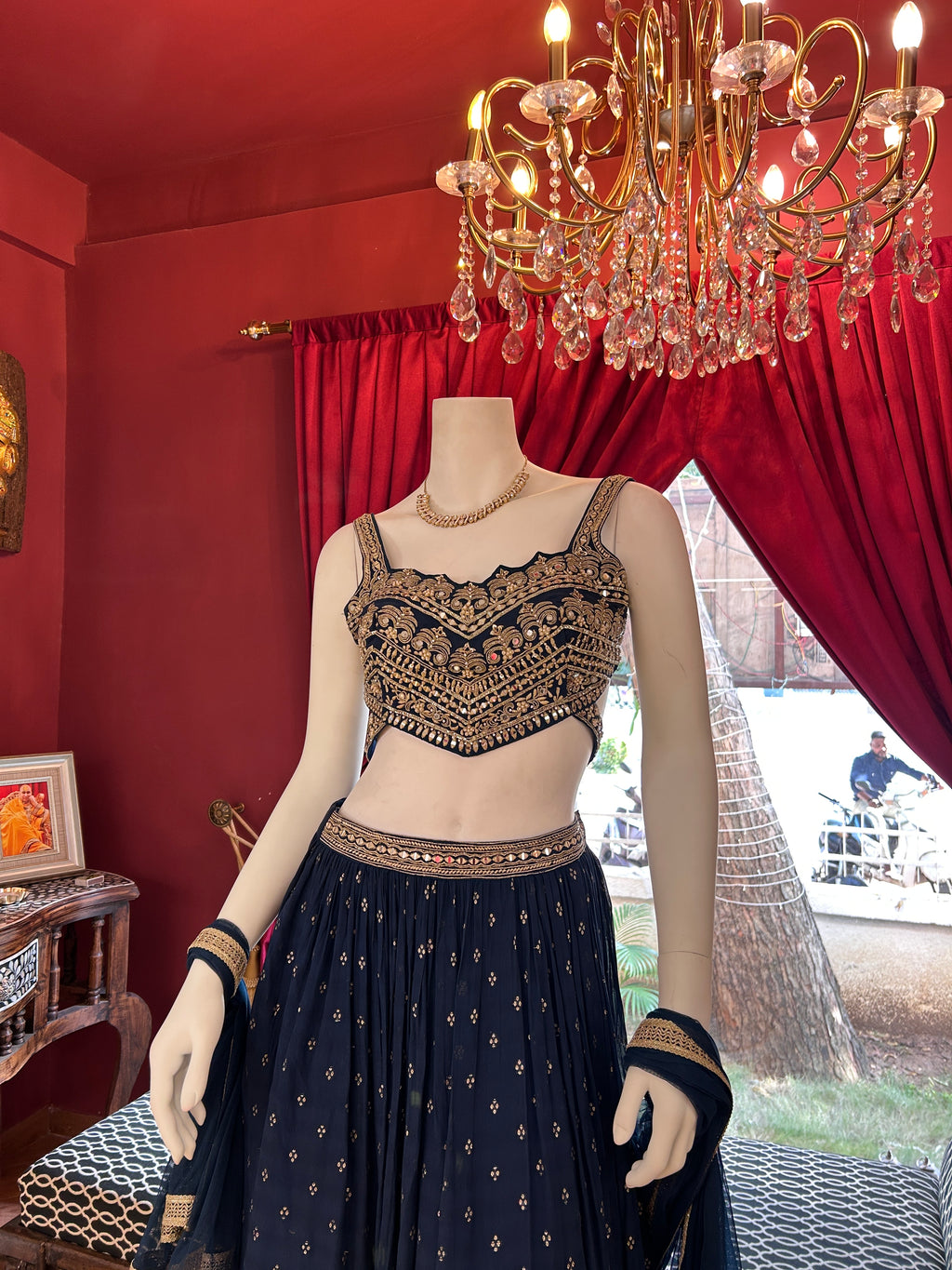 Enchanted Blue Lehenga with Handwork Golden blouse