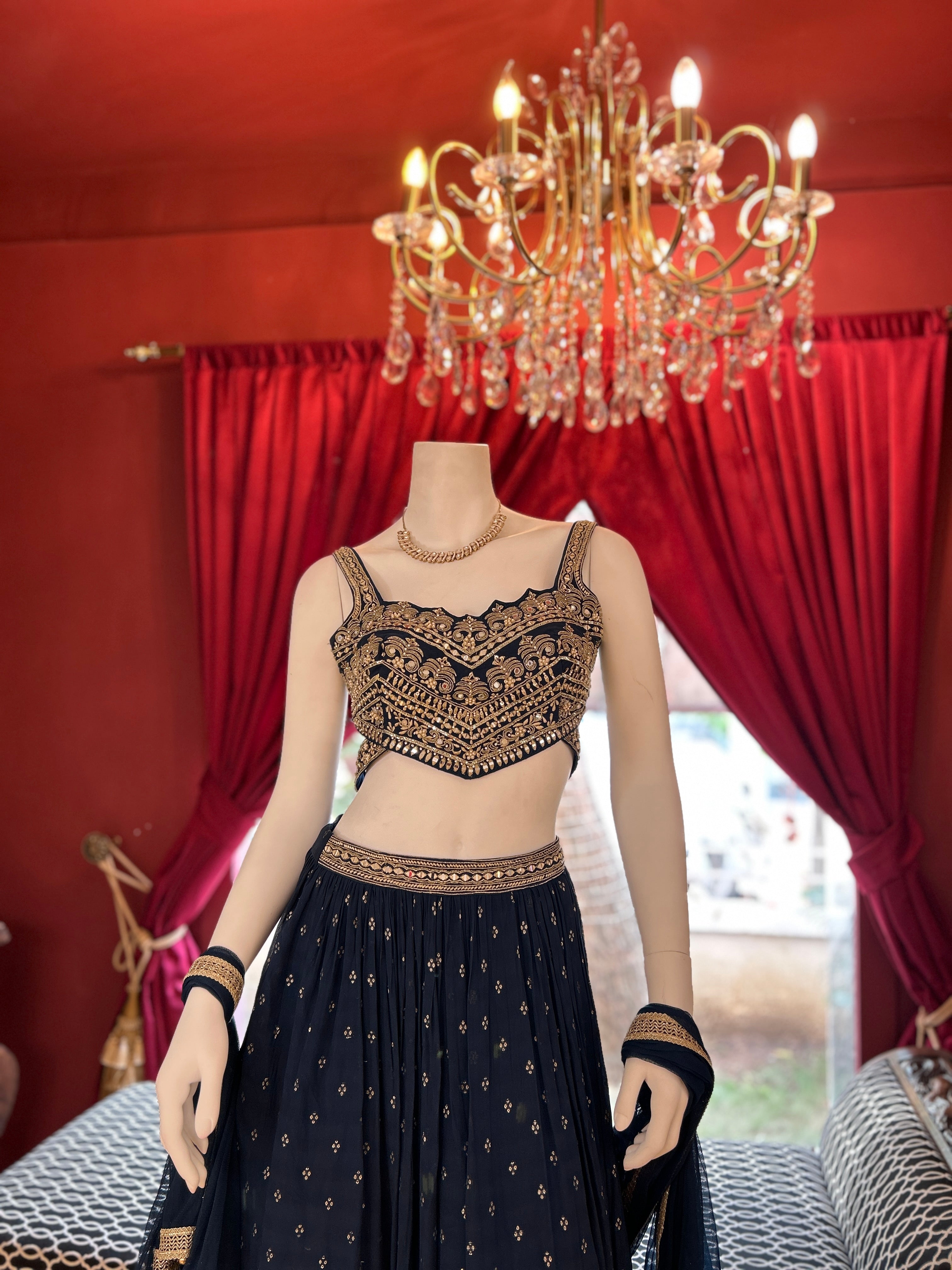 Enchanted Blue Lehenga with Handwork Golden blouse