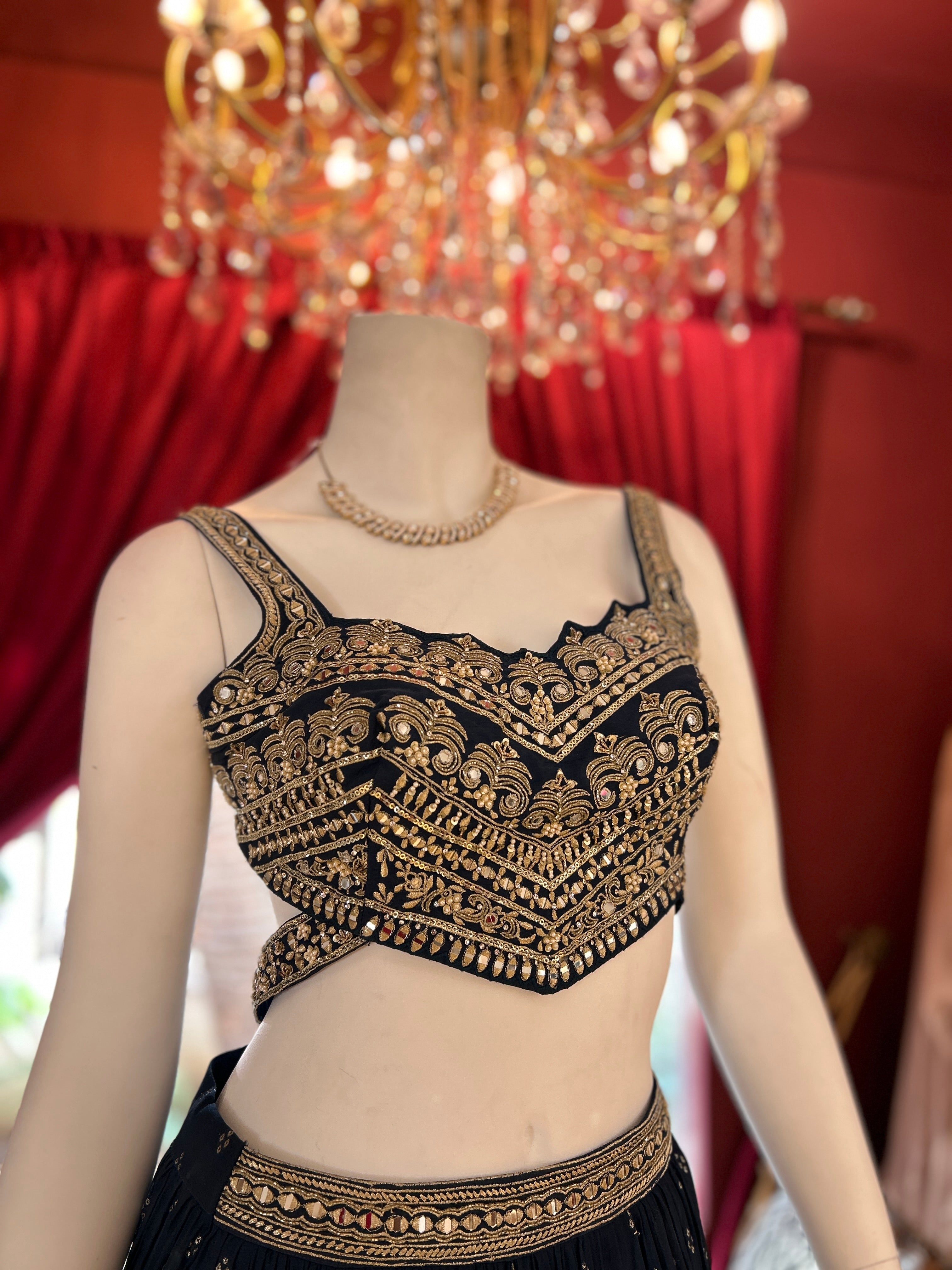 Enchanted Blue Lehenga with Handwork Golden blouse