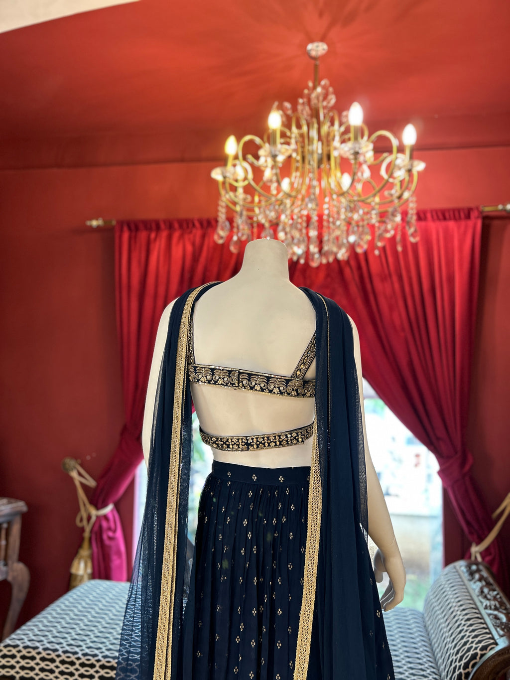 Enchanted Blue Lehenga with Handwork Golden blouse