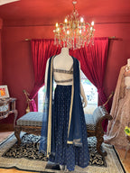 Enchanted Blue Lehenga with Handwork Golden blouse