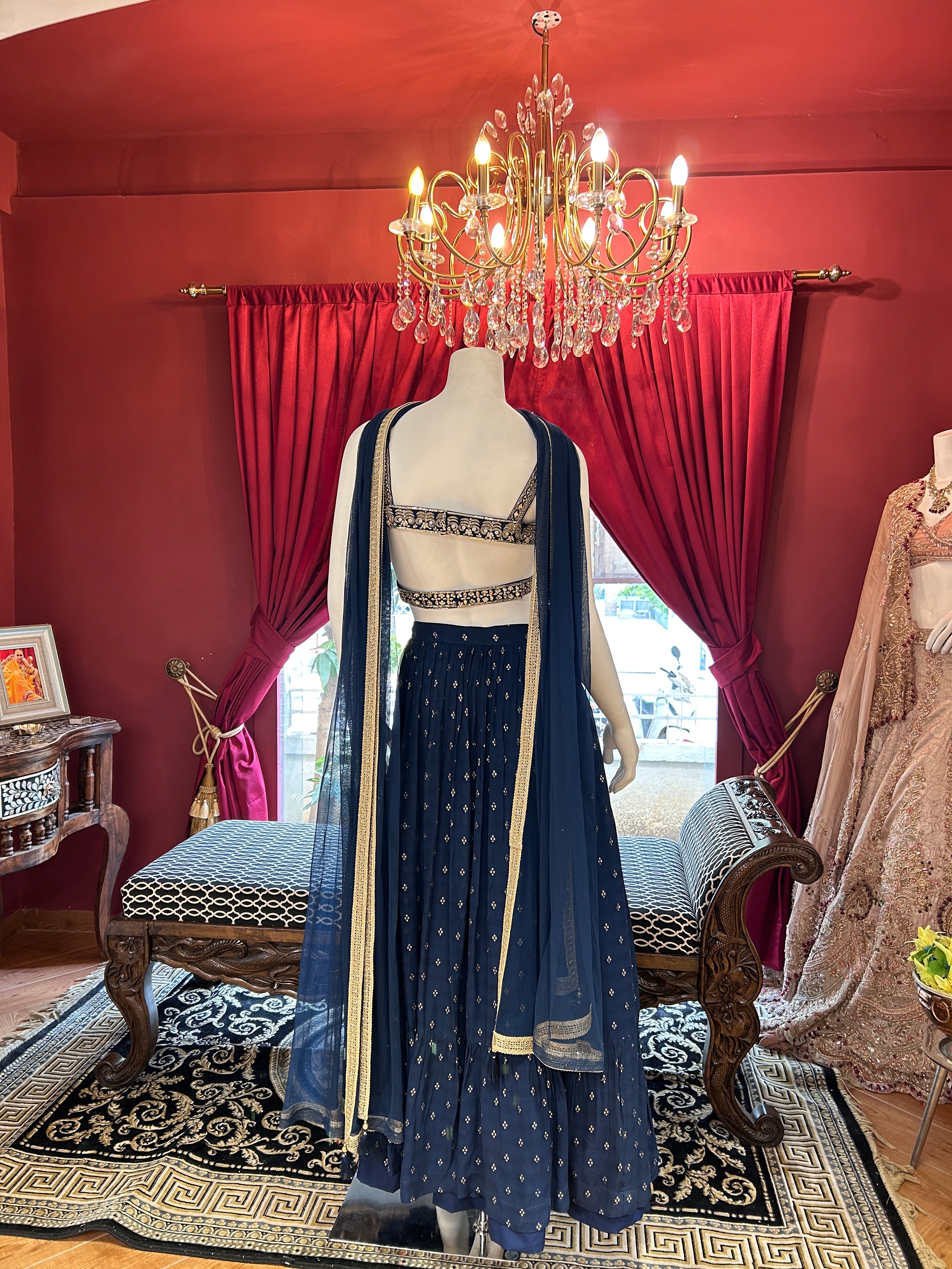 Enchanted Blue Lehenga with Handwork Golden blouse