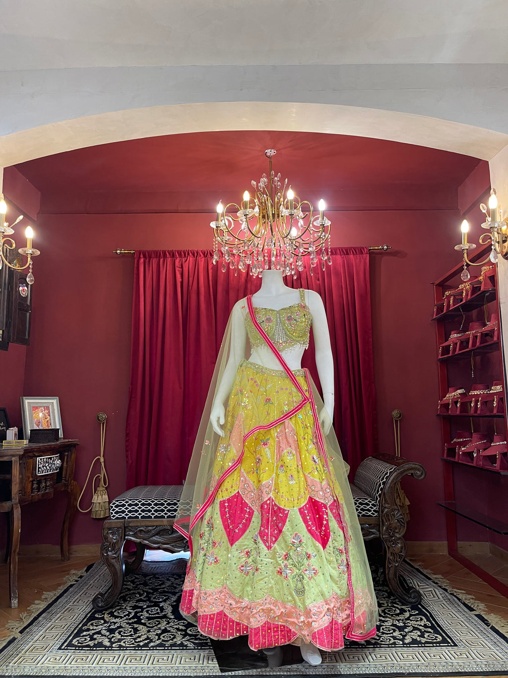 Lime Green & Bright Yellow Embroidered Lotus-Panel Lehenga Set with Pink Accent