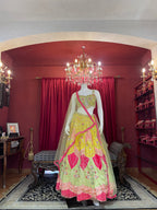 Lime Green & Bright Yellow Embroidered Lotus-Panel Lehenga Set with Pink Accent