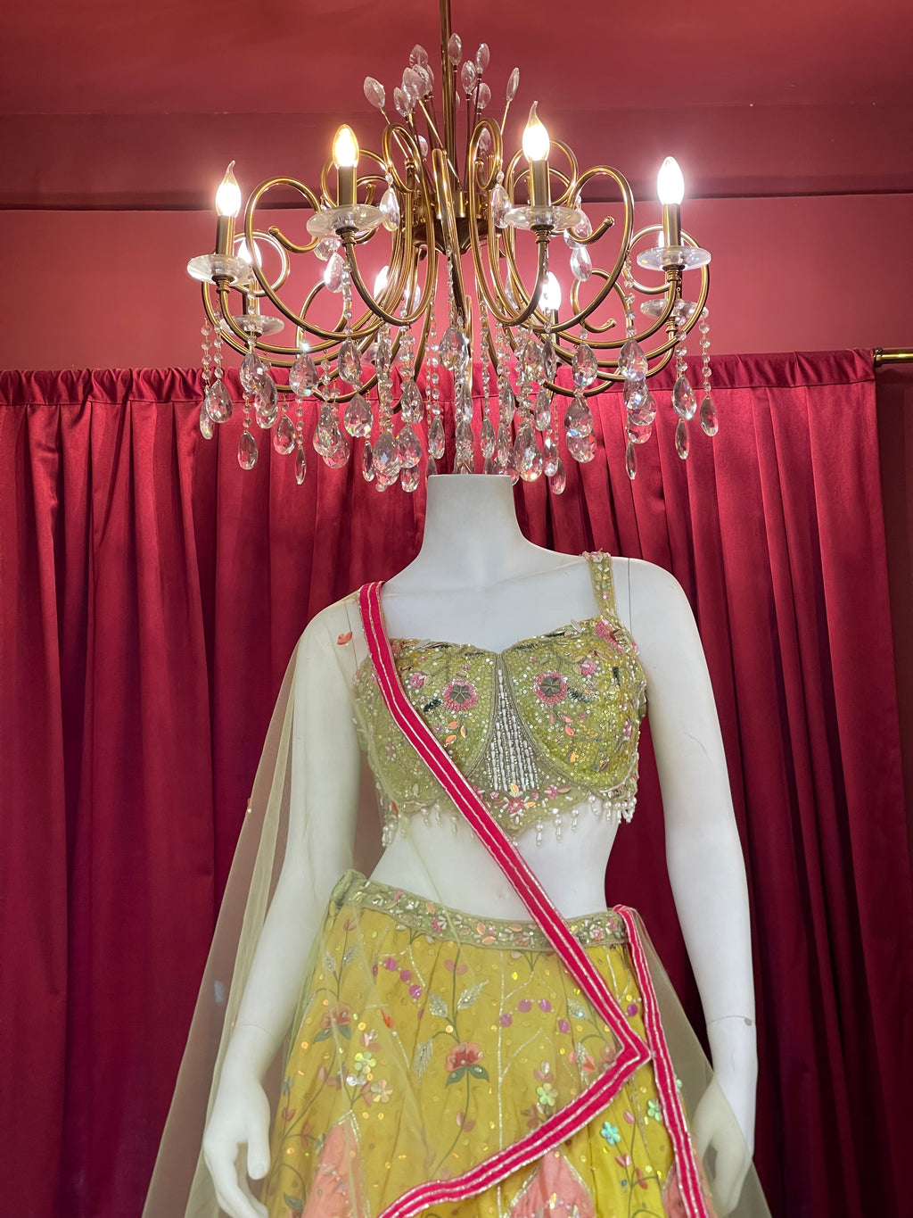 Lime Green & Bright Yellow Embroidered Lotus-Panel Lehenga Set with Pink Accent