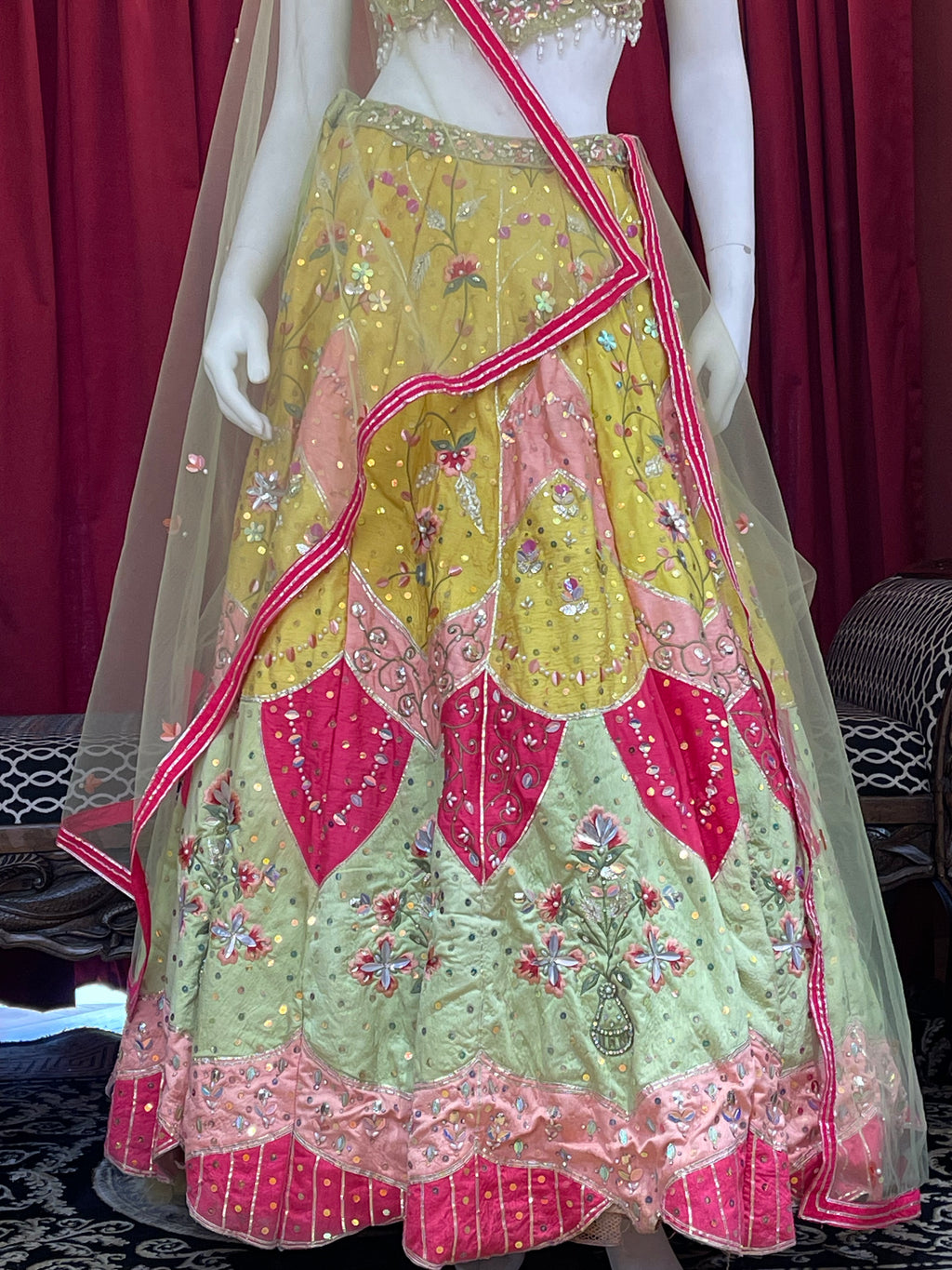 Lime Green & Bright Yellow Embroidered Lotus-Panel Lehenga Set with Pink Accent