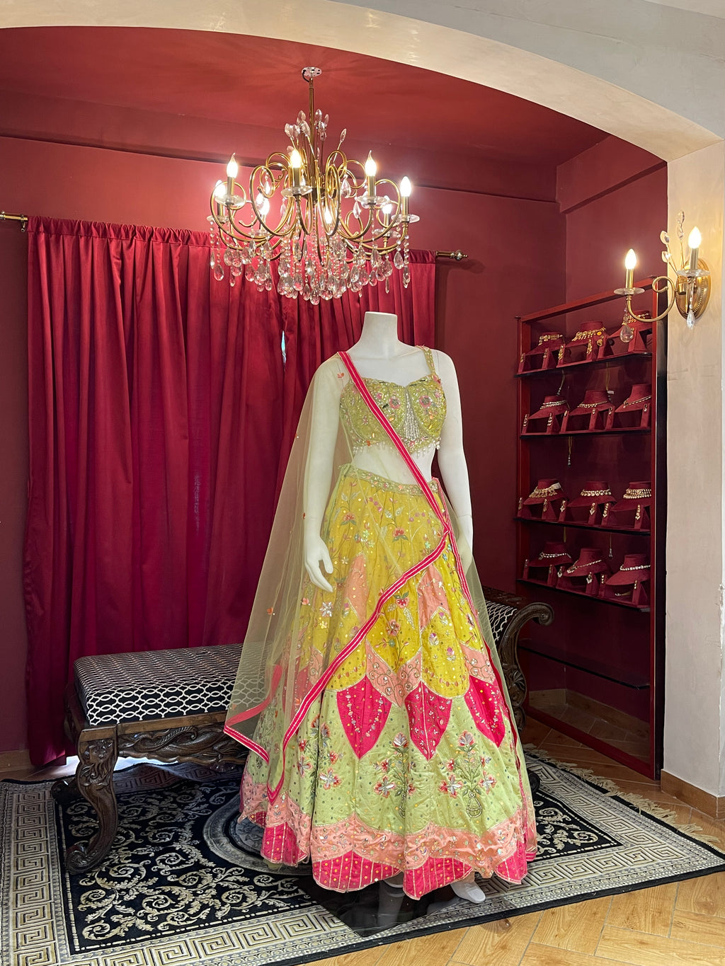 Lime Green & Bright Yellow Embroidered Lotus-Panel Lehenga Set with Pink Accent