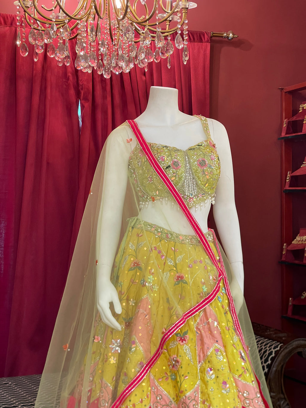 Lime Green & Bright Yellow Embroidered Lotus-Panel Lehenga Set with Pink Accent