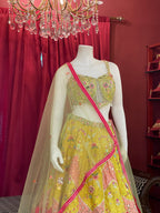 Lime Green & Bright Yellow Embroidered Lotus-Panel Lehenga Set with Pink Accent