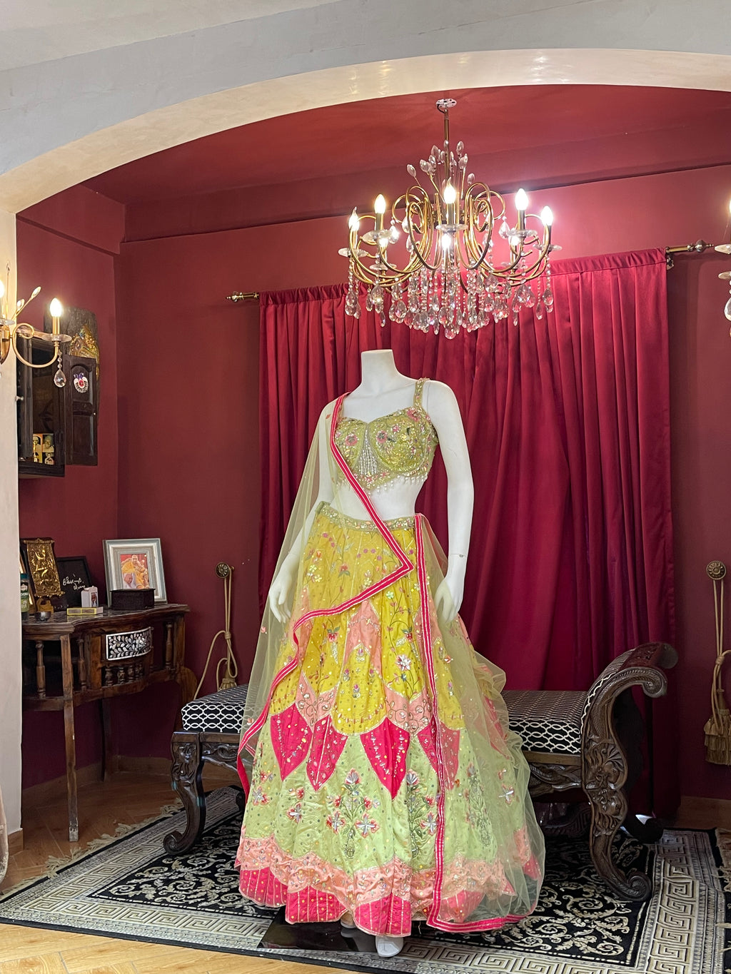 Lime Green & Bright Yellow Embroidered Lotus-Panel Lehenga Set with Pink Accent