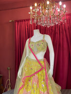 Lime Green & Bright Yellow Embroidered Lotus-Panel Lehenga Set with Pink Accent