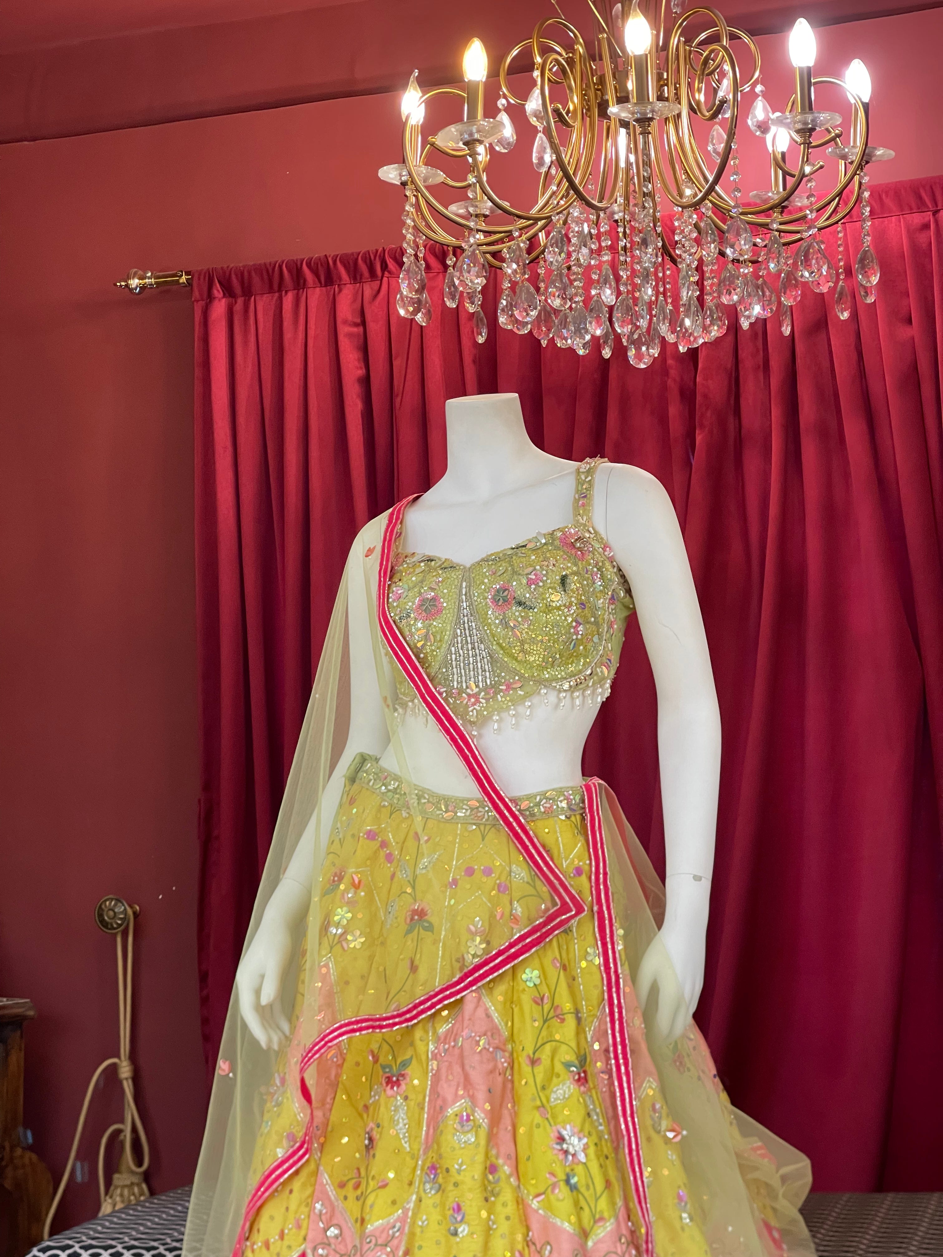 Lime Green & Bright Yellow Embroidered Lotus-Panel Lehenga Set with Pink Accent