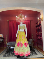 Lime Green & Bright Yellow Embroidered Lotus-Panel Lehenga Set with Pink Accent