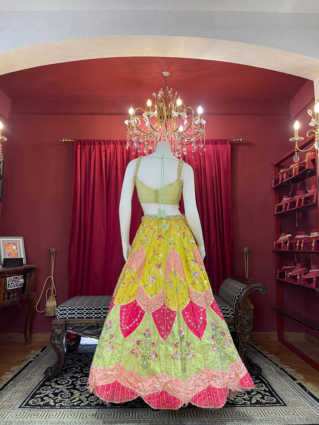 Lime Green & Bright Yellow Embroidered Lotus-Panel Lehenga Set with Pink Accent