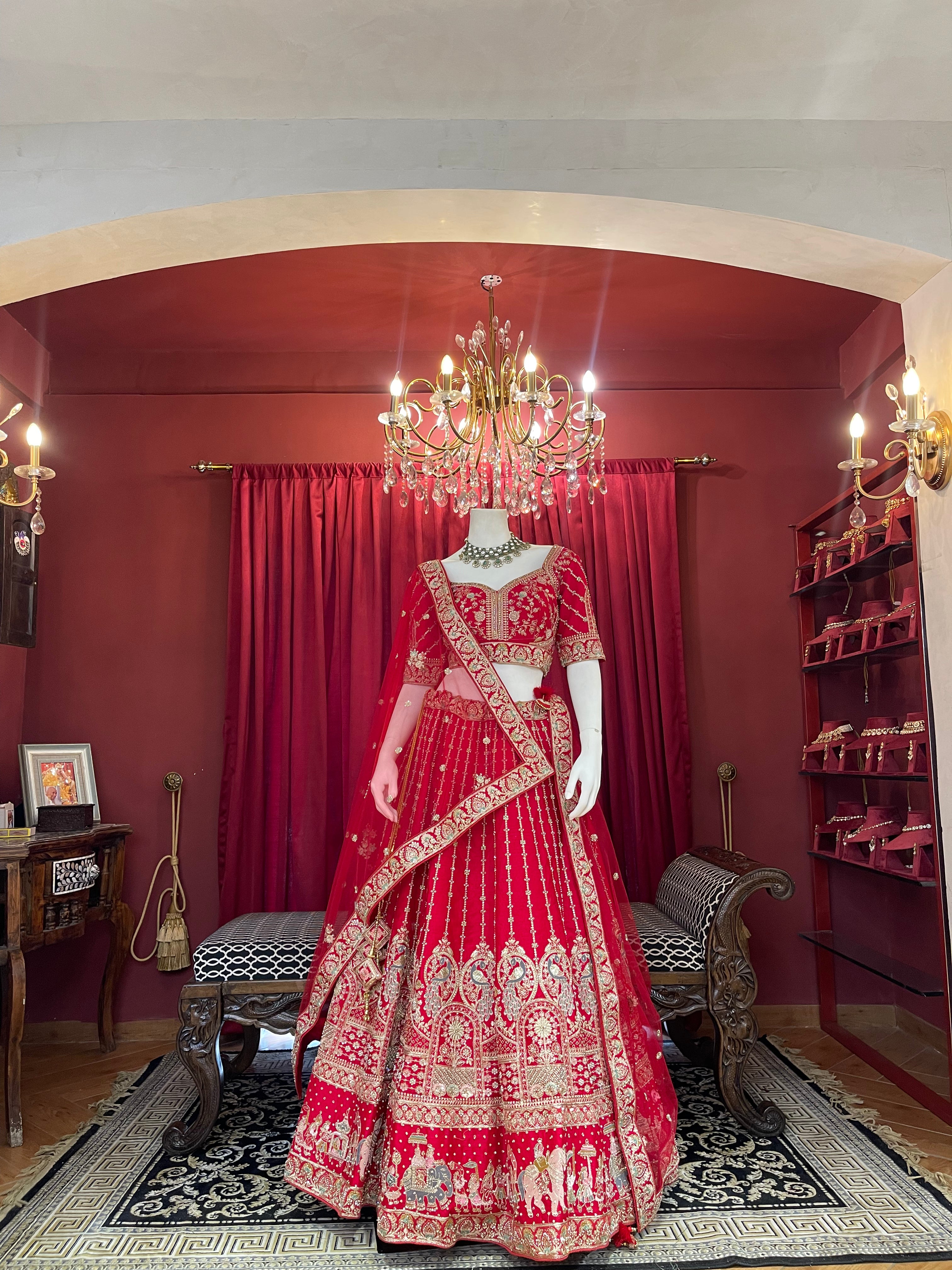 Classic Red Embroidered Bridal Lehenga with Doli Baraat Border & Double Dupatta