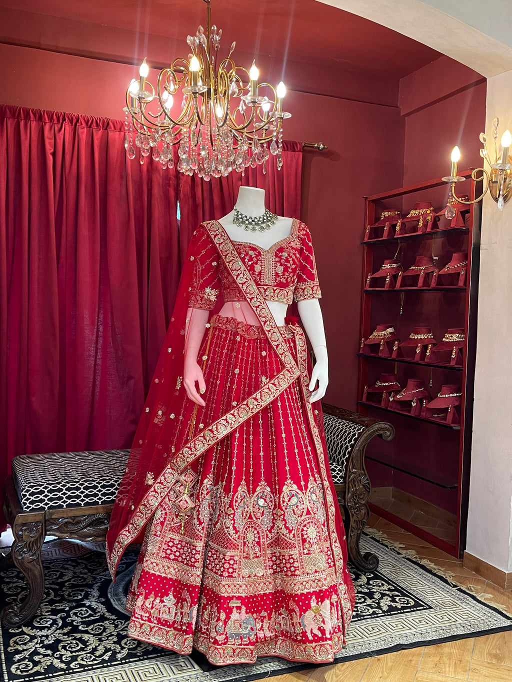 Classic Red Embroidered Bridal Lehenga with Doli Baraat Border & Double Dupatta