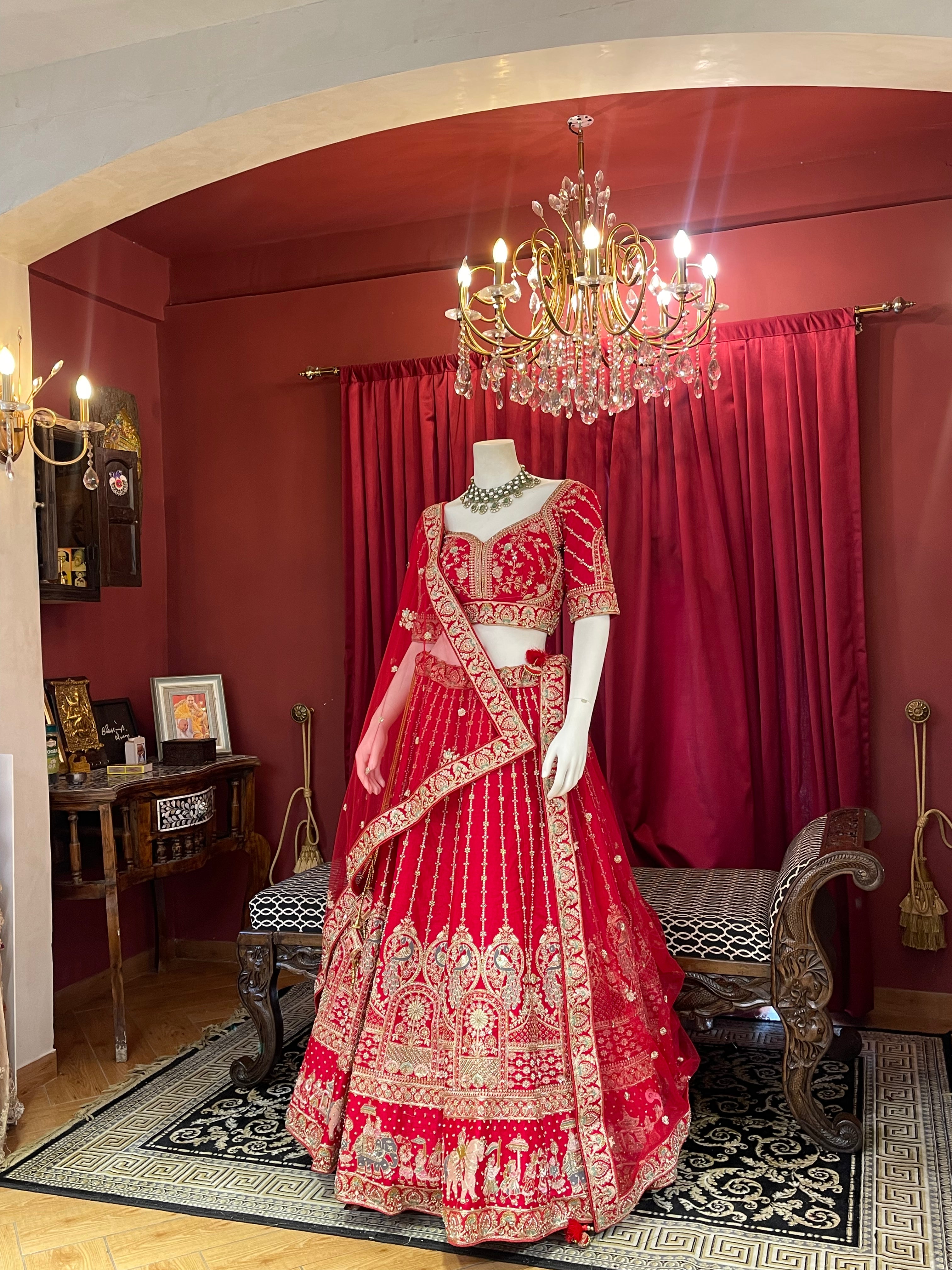 Classic Red Embroidered Bridal Lehenga with Doli Baraat Border & Double Dupatta