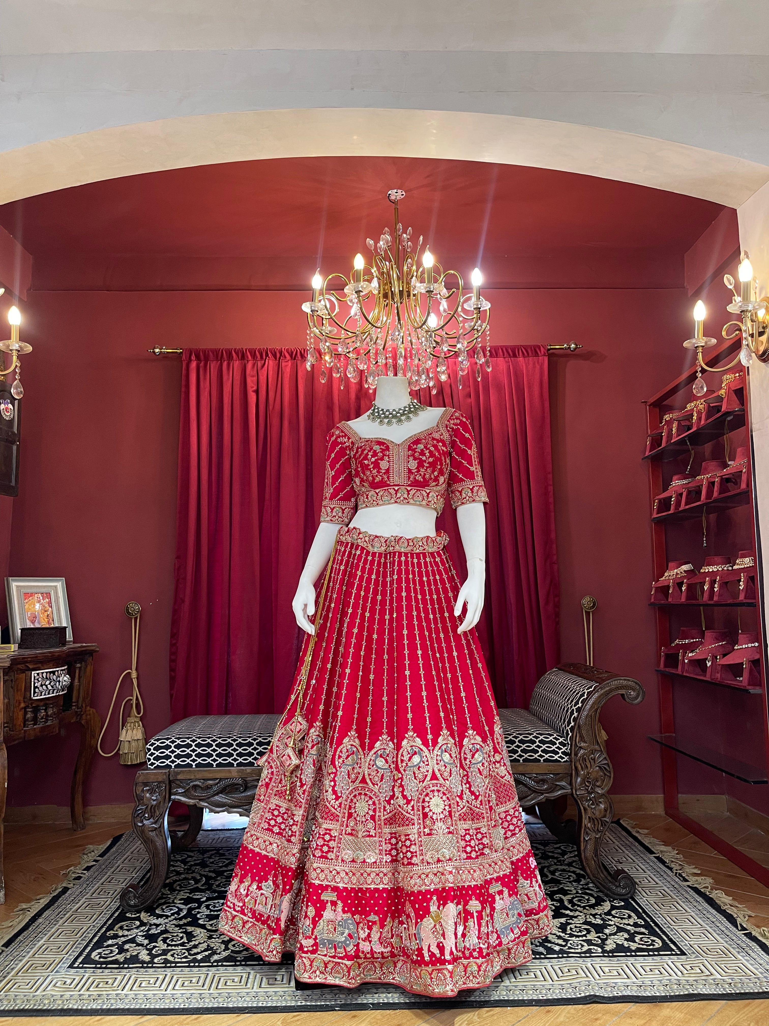 Classic Red Embroidered Bridal Lehenga with Doli Baraat Border & Double Dupatta