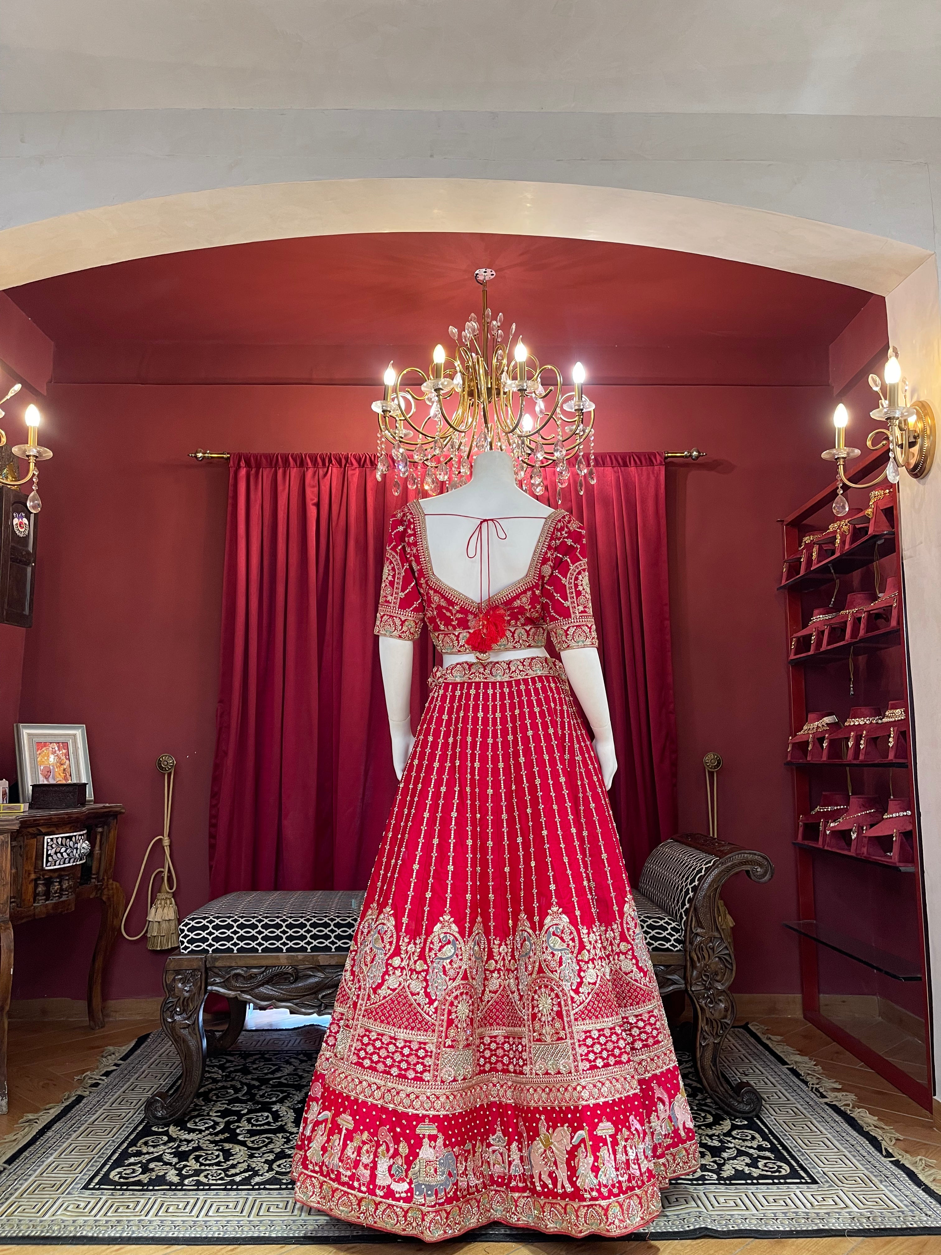 Classic Red Embroidered Bridal Lehenga with Doli Baraat Border & Double Dupatta