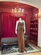 Chestnut Brown Pre-Draped Skirt Set with Heavily Embroidered Halter Blouse