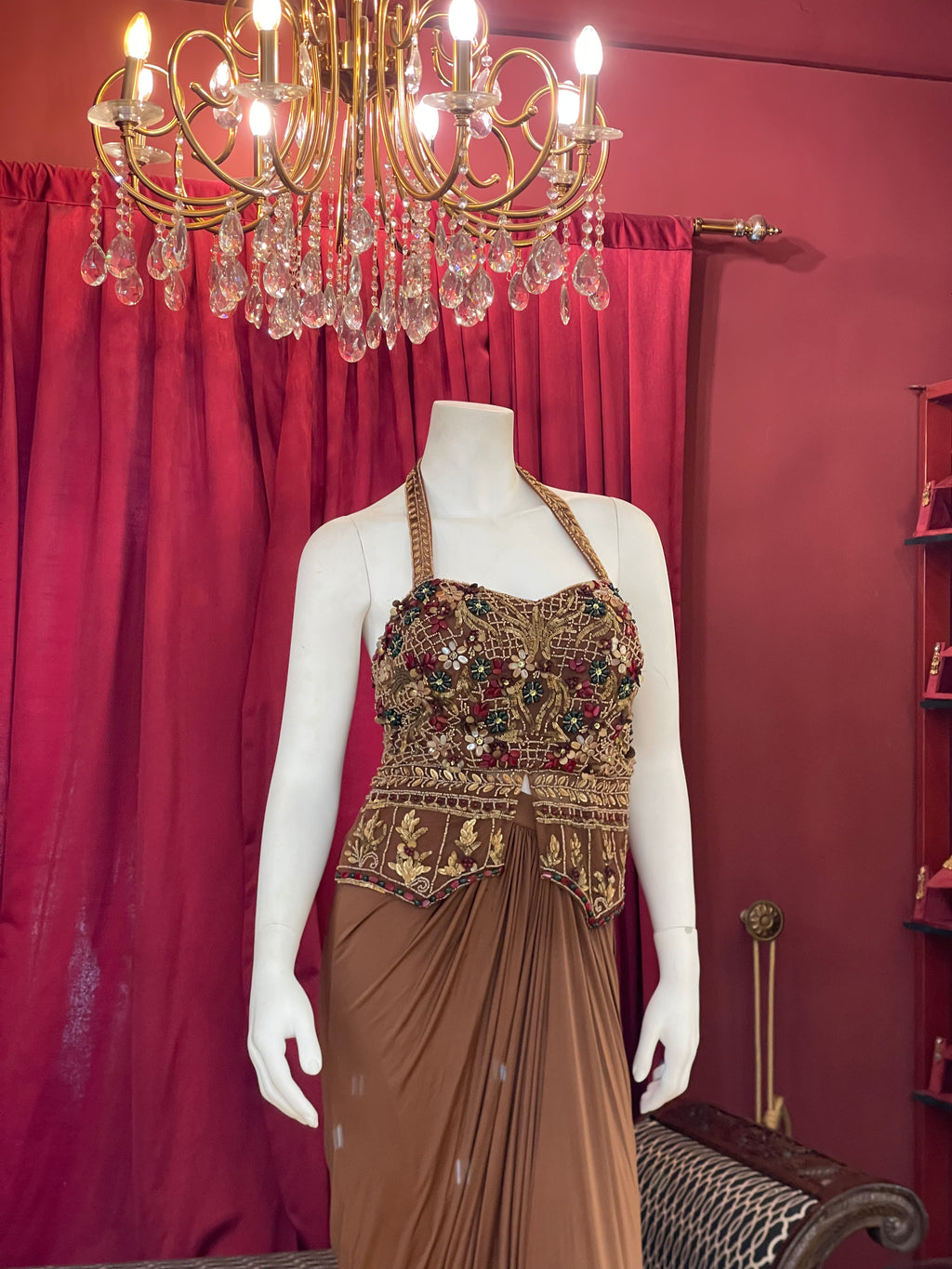 Chestnut Brown Pre-Draped Skirt Set with Heavily Embroidered Halter Blouse