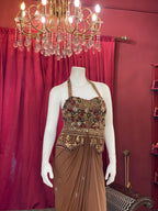 Chestnut Brown Pre-Draped Skirt Set with Heavily Embroidered Halter Blouse