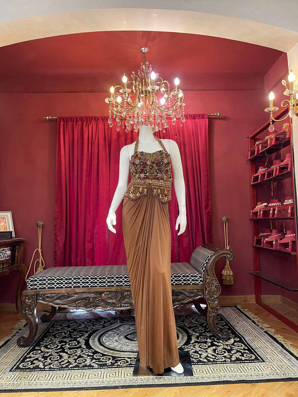 Chestnut Brown Pre-Draped Skirt Set with Heavily Embroidered Halter Blouse