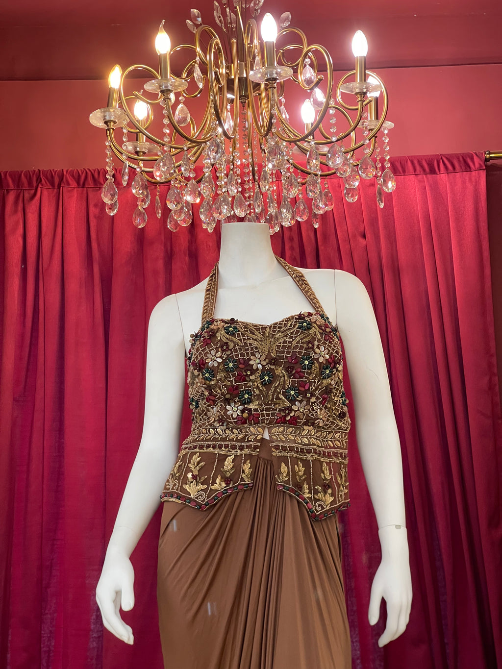 Chestnut Brown Pre-Draped Skirt Set with Heavily Embroidered Halter Blouse