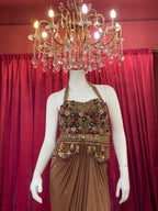 Chestnut Brown Pre-Draped Skirt Set with Heavily Embroidered Halter Blouse
